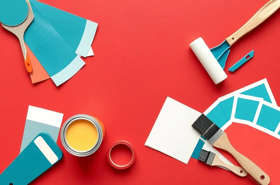 Pots de peinture, nuancier, brosses et rouleaux disposés à plat