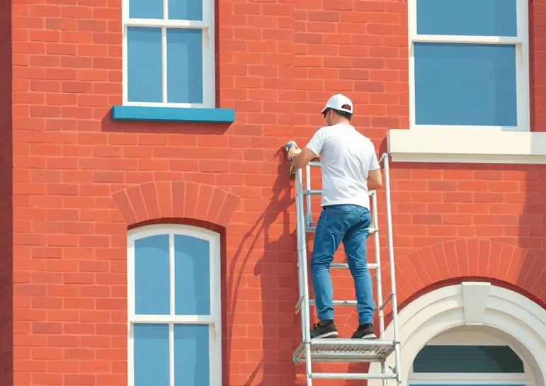 Peintre sur échafaudage traitant la façade d'une maison